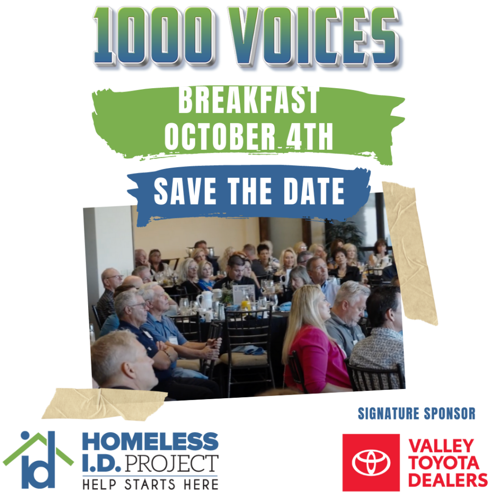 graphic that says 1000 Voices breakfast save the date, October 4th, 2024 with the homeless id project and Valley Toyota Dealers logos. People sitting and listening to a speech about how to empower the homeless.