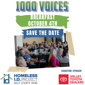 graphic that says 1000 Voices breakfast save the date, October 4th, 2024 with the homeless id project and Valley Toyota Dealers logos. People sitting and listening to a speech about how to empower the homeless.