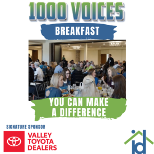 a square invitaion for the "1000 Voices Breakfast" with a photo of a room full og poeple sitting at tables eating